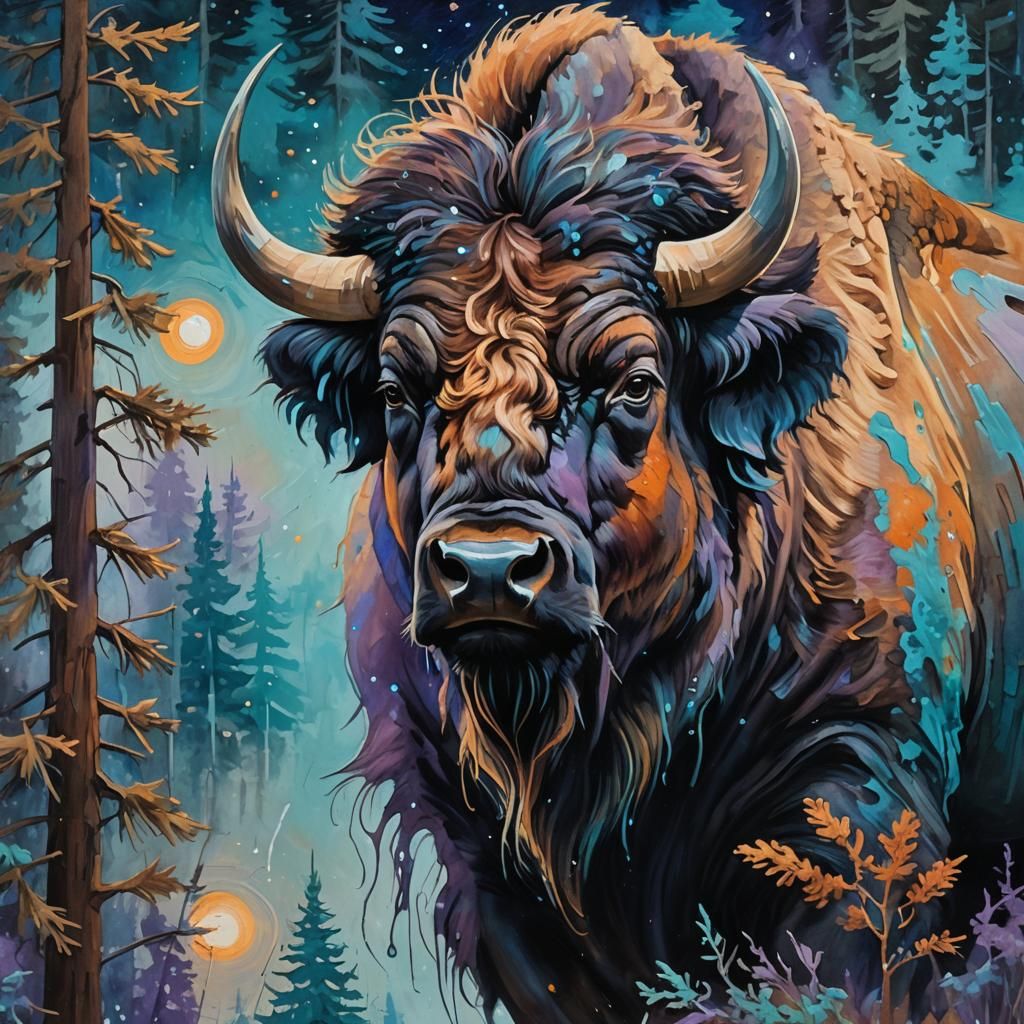 Abstract Buffalo Portrait in Acrylic Expressionism