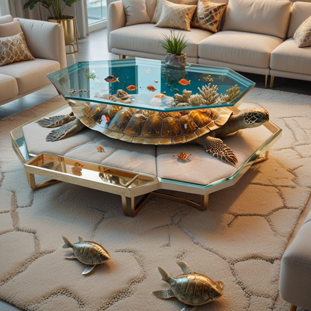 turtle-shaped coffee table with an aquarium