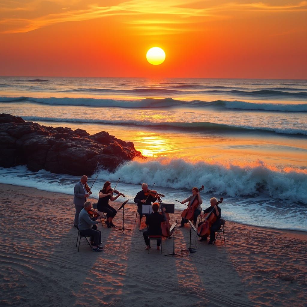 Orchestra Performs Under Vibrant Sunset on the Beach