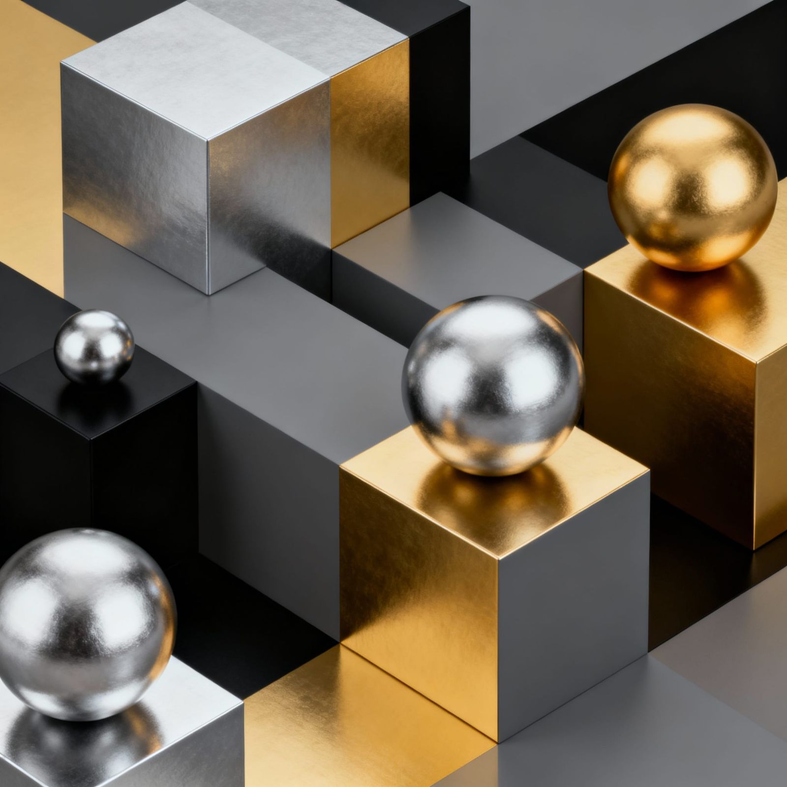 Abstract Geometric Composition in Silver, Gold, and Black