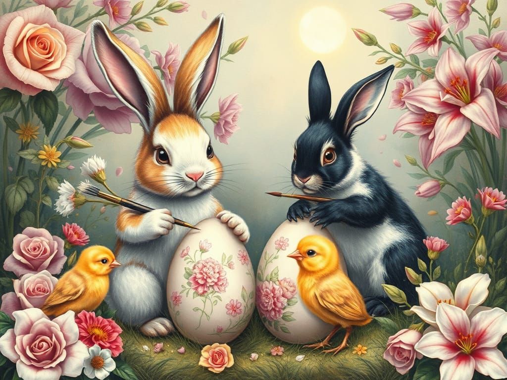 Bunnies and Chicks Painting Easter Eggs, Intricate Digital A...