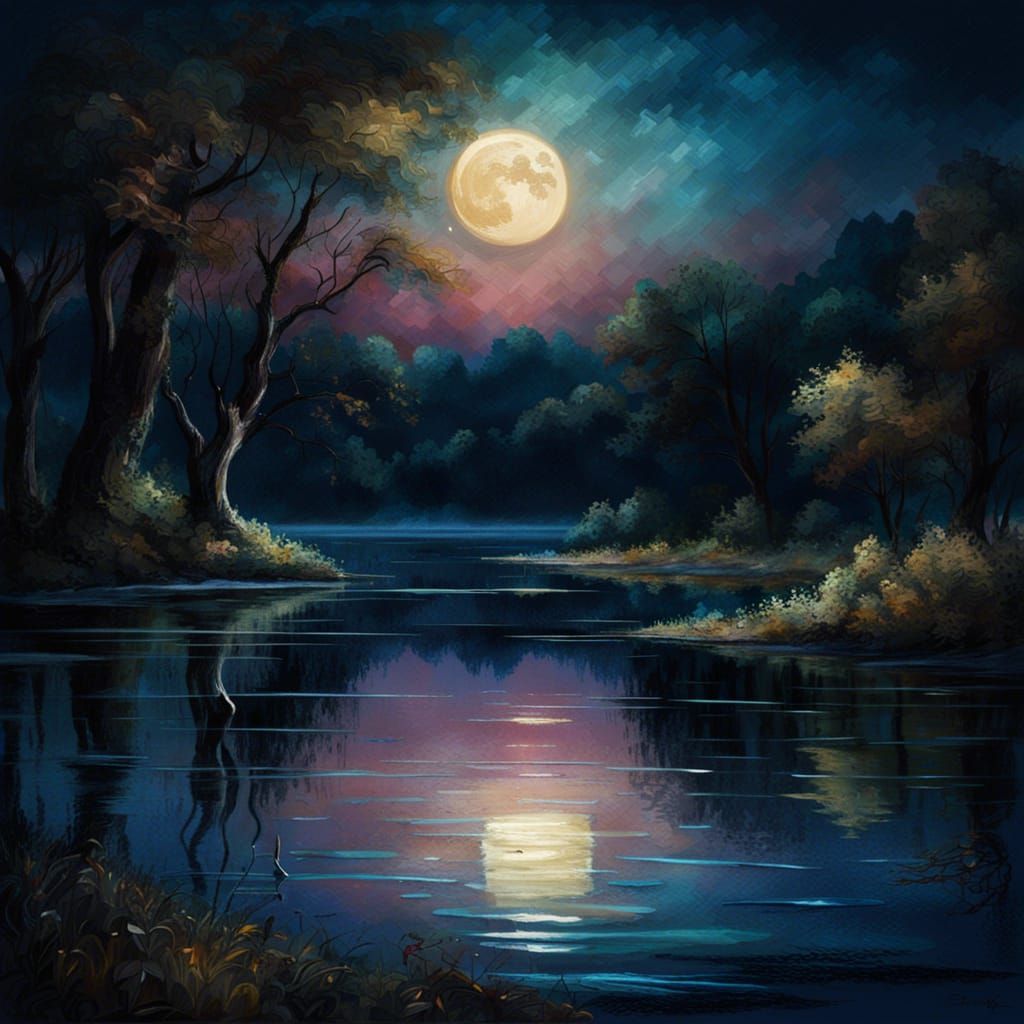 Moonlit Lake at Midnight in Impressionistic Style