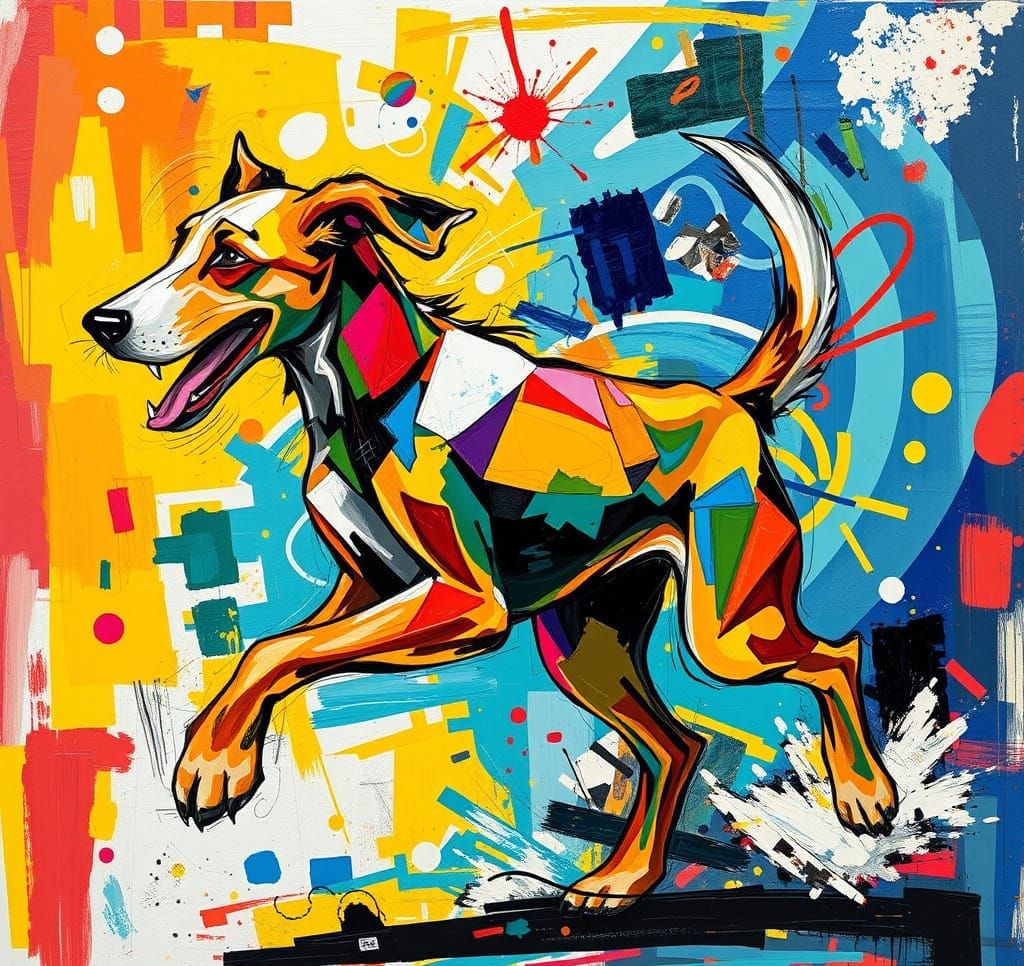 Surrealist Dog in Playful Cubist Composition