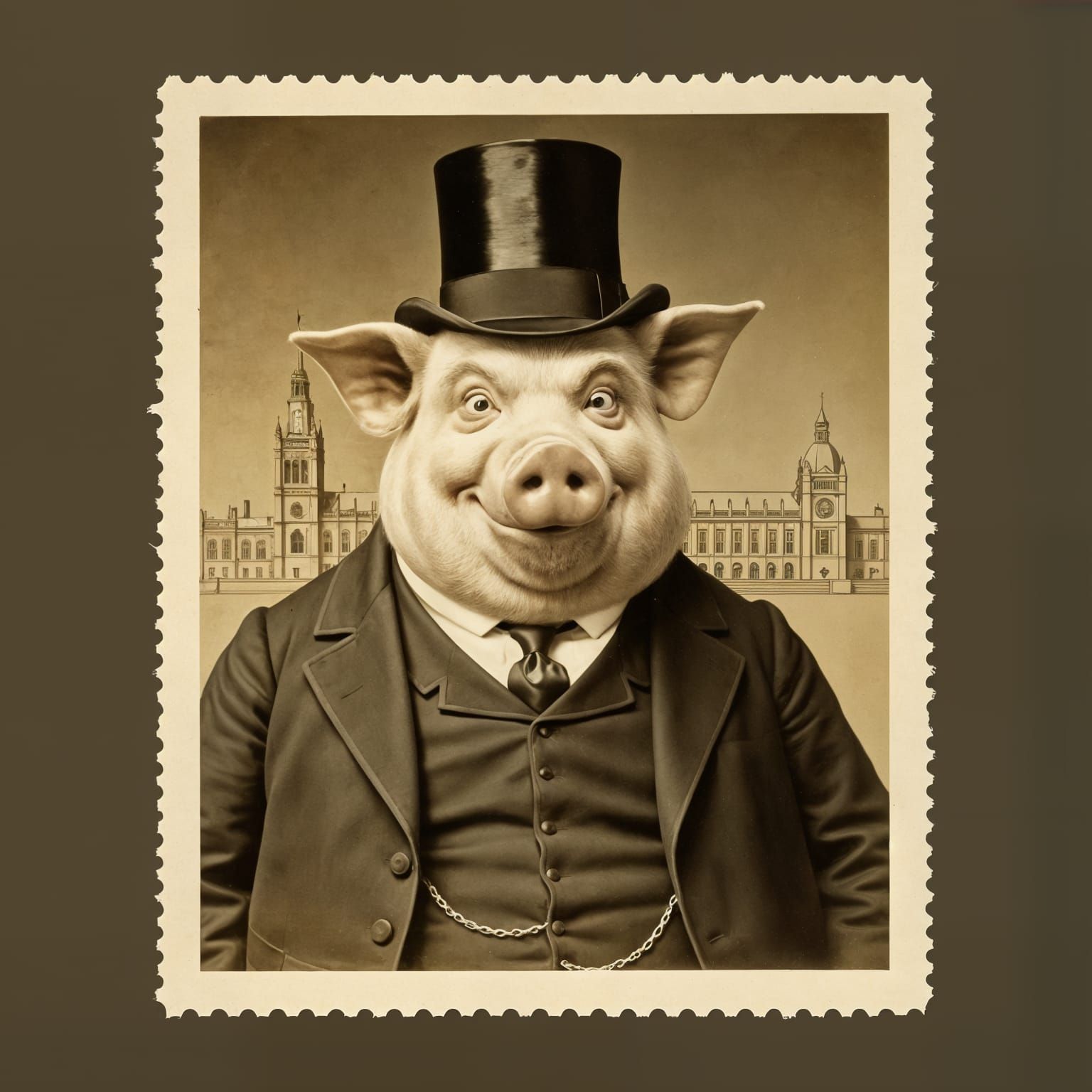 Anthropomorphic Pig Politician on Vintage Daguerreotype Stam...