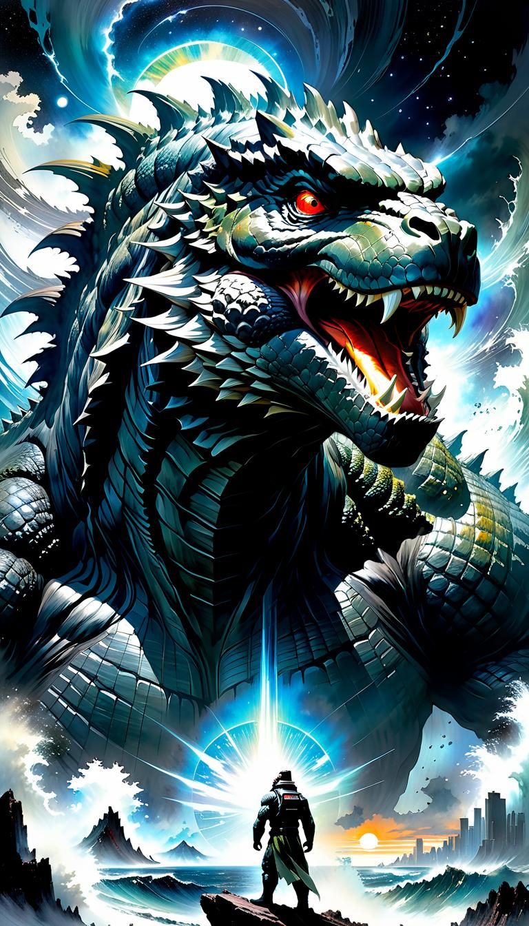 Godzilla Head in Stormy Astral Ocean Watercolor