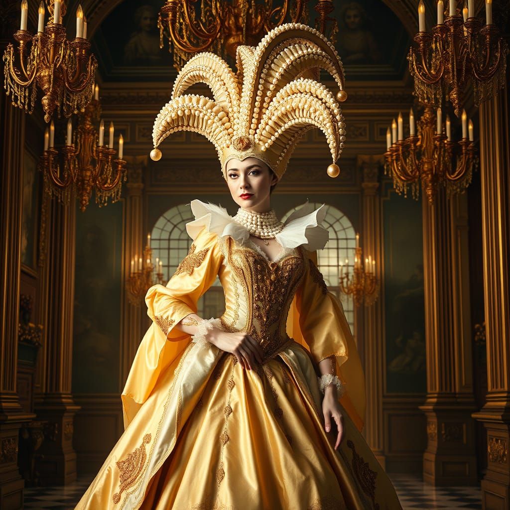 Regal Jester Queen in Renaissance Hall, Art Nouveau Style