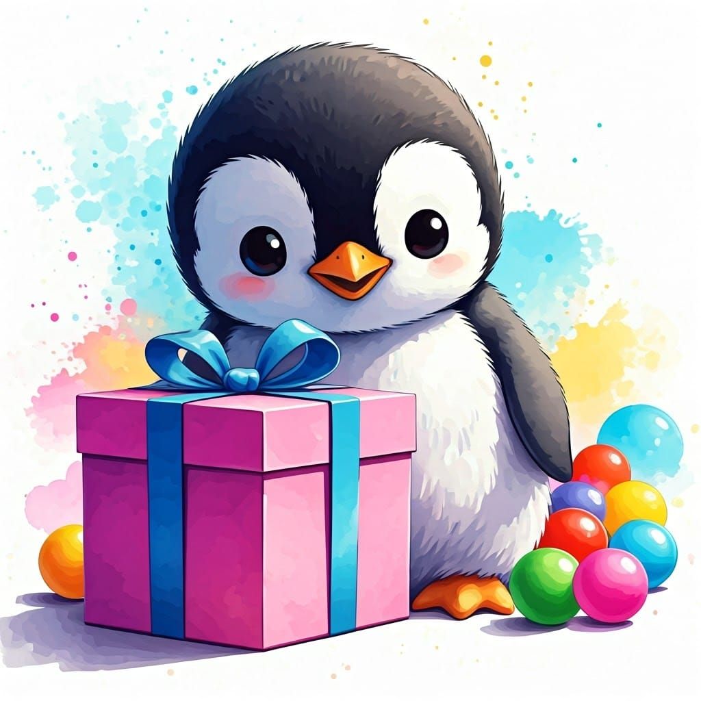 Whimsical Chibi Penguin Surrounded by Colorful Fun