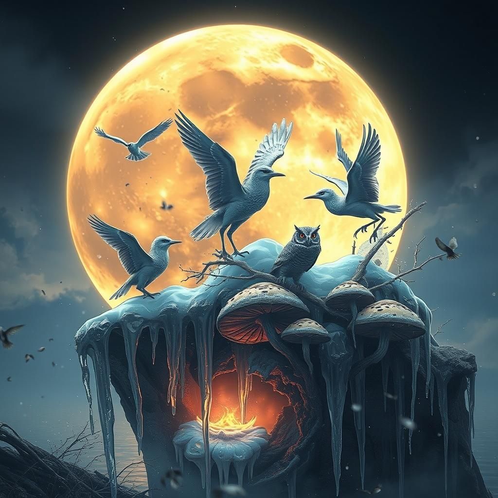 Glowing Moon with Mythical Creatures, Detailed Digital Art
