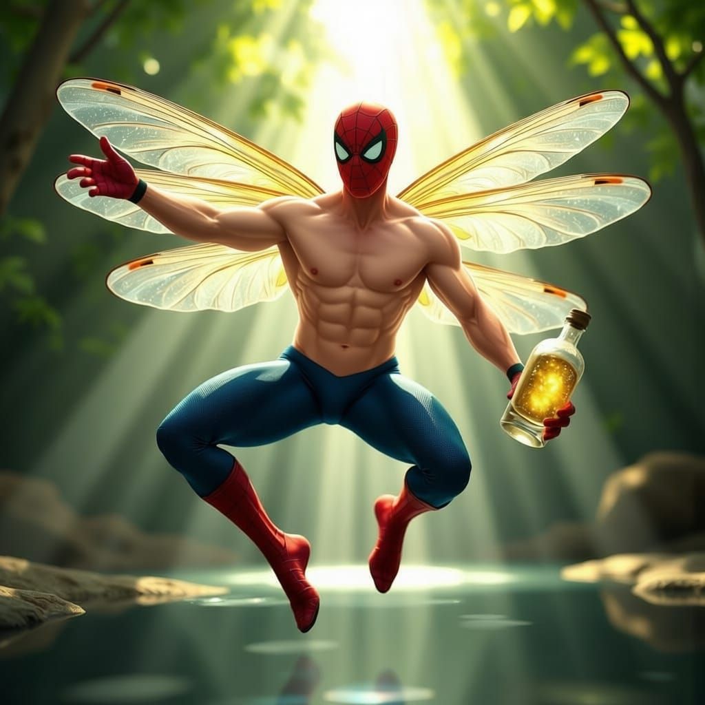Muscular Peter Parker with Damselfly Wings Above Lake