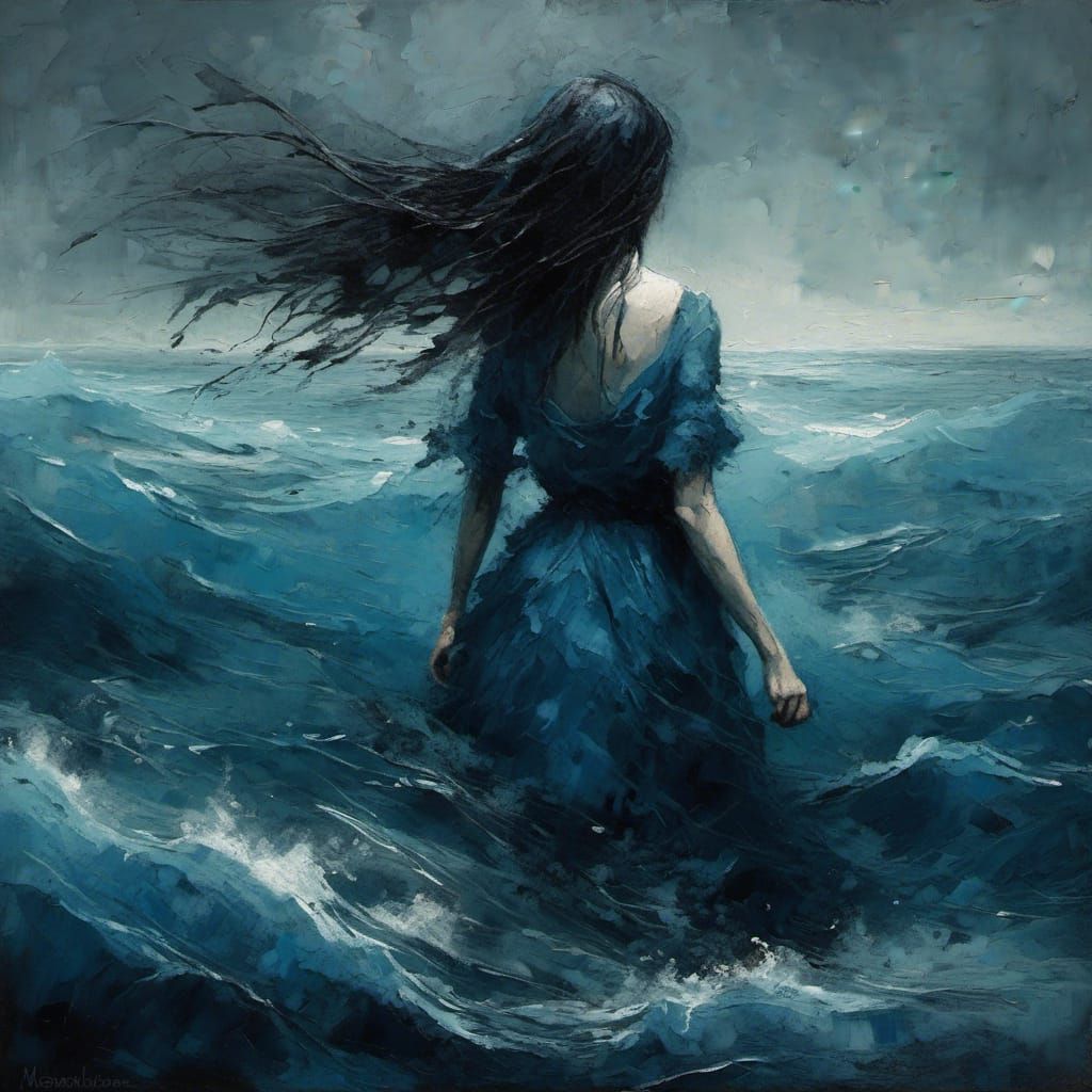 Sad Woman Walks in Ocean: Impasto Oil Painting