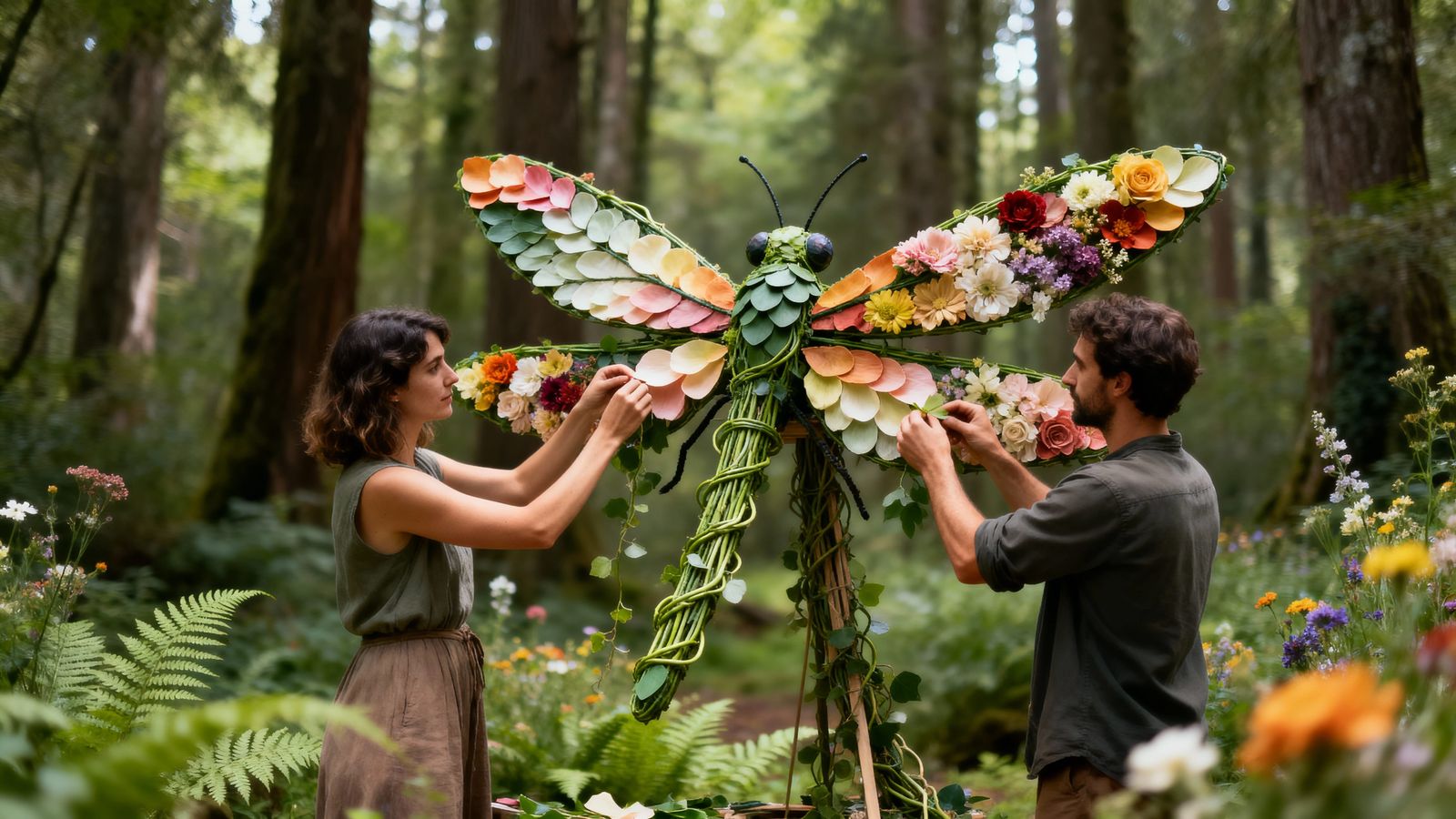 People Build Giant Flower Dragonfly Sculpture in Forest