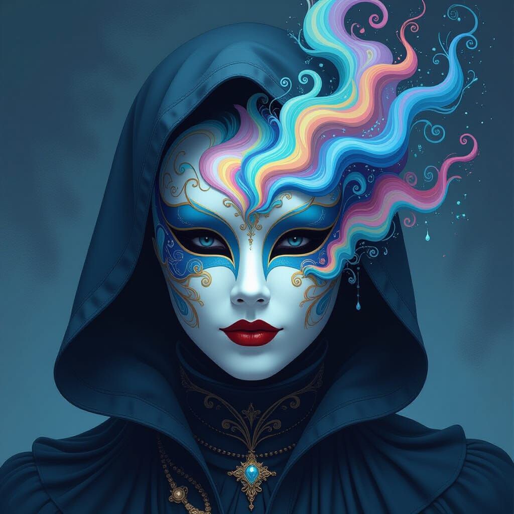 Dreamlike Masquerade Figure with Ethereal Scene