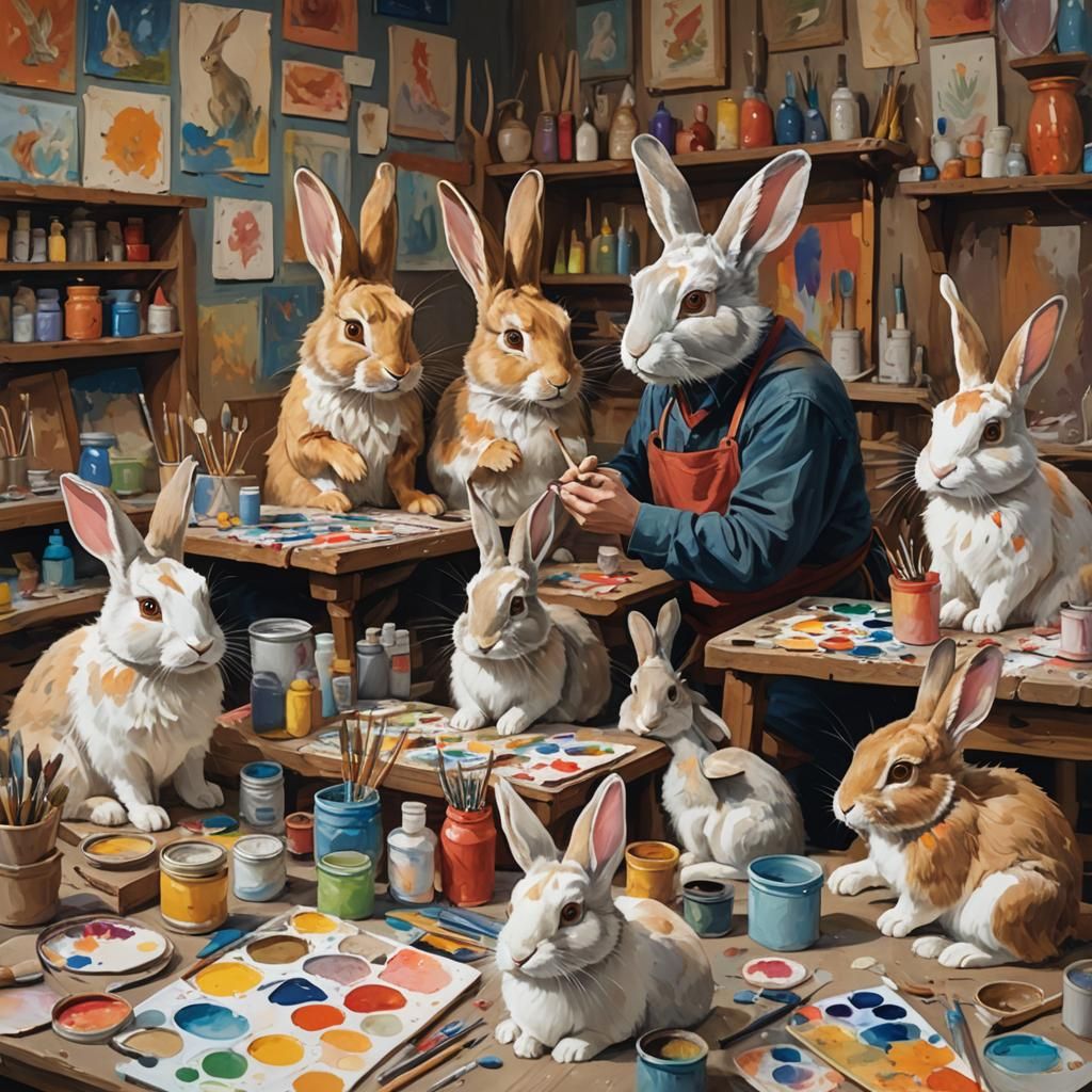 Painter Teaching Rabbits Gouache Painting: Concept Art