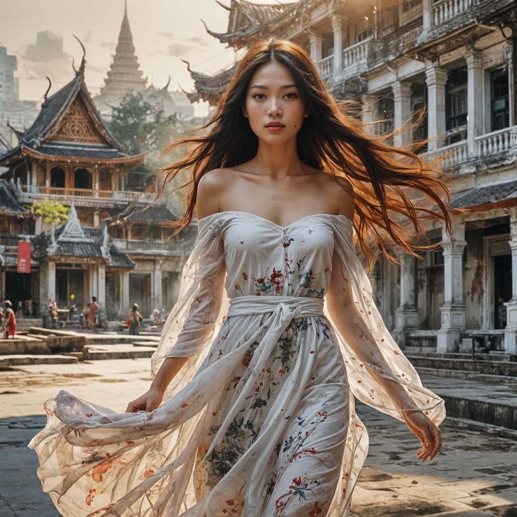 Beautiful Thai Lady in Flowing Dress, Realistic Photo
