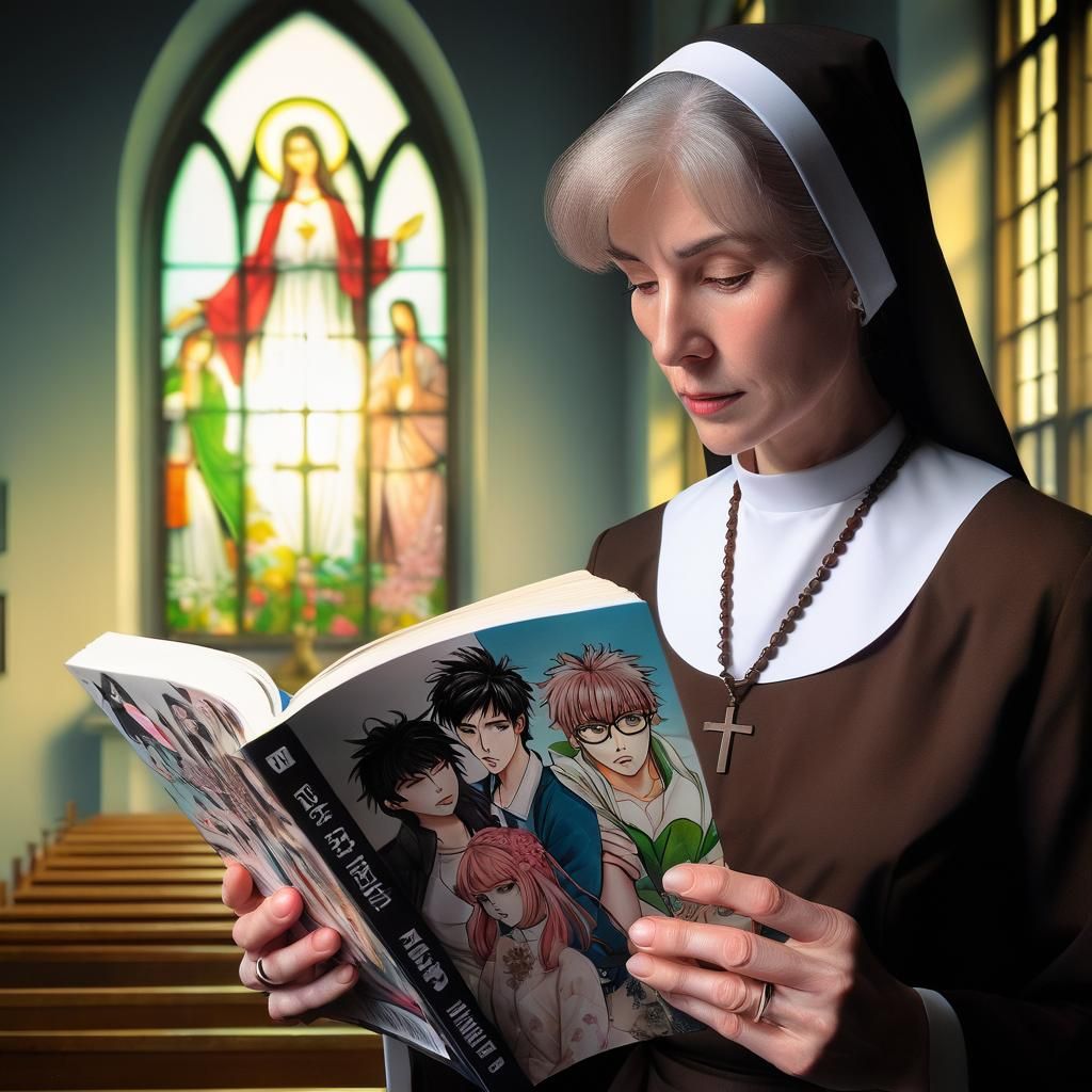 A nun known for her strict adherence to rules reading a mang...