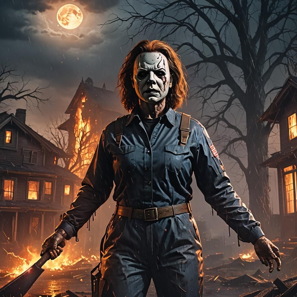 Surreal Horror Scene: Burning House, Blood Rain