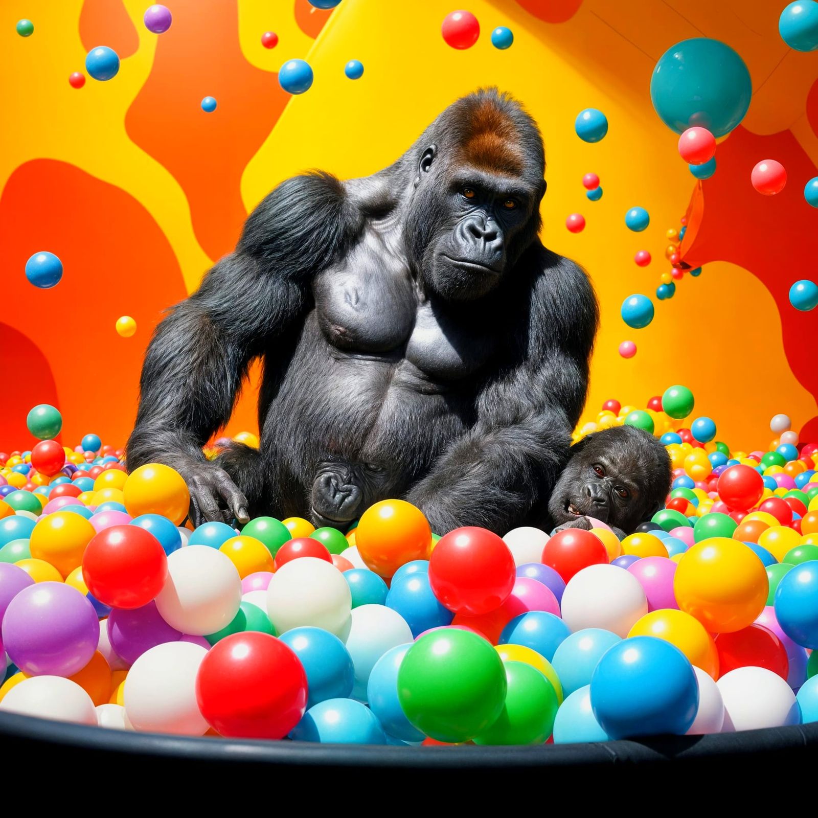Surreal Gorilla Plays in Vibrant Ball Pit