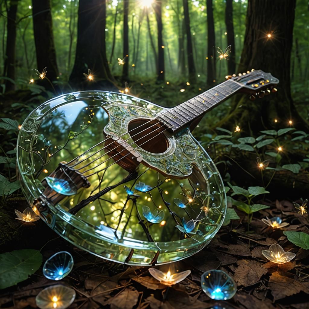 Glass Mandolin in Enchanted Forest with Fireflies