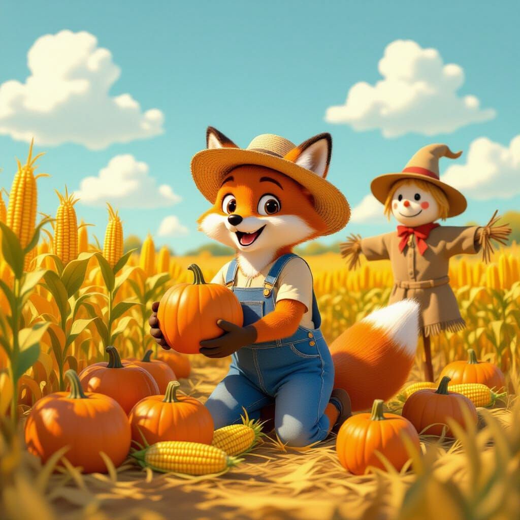 Anthropomorphic Fox Farmer Harvests Pumpkins in Whimsical Au...