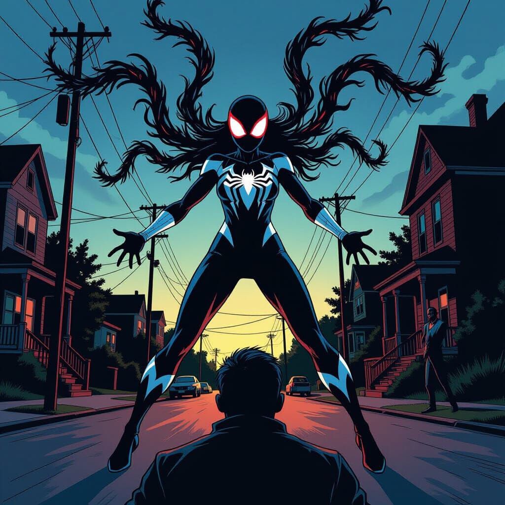 Ghost-Spider Faces Thugs in Venom-Infused Comic Style