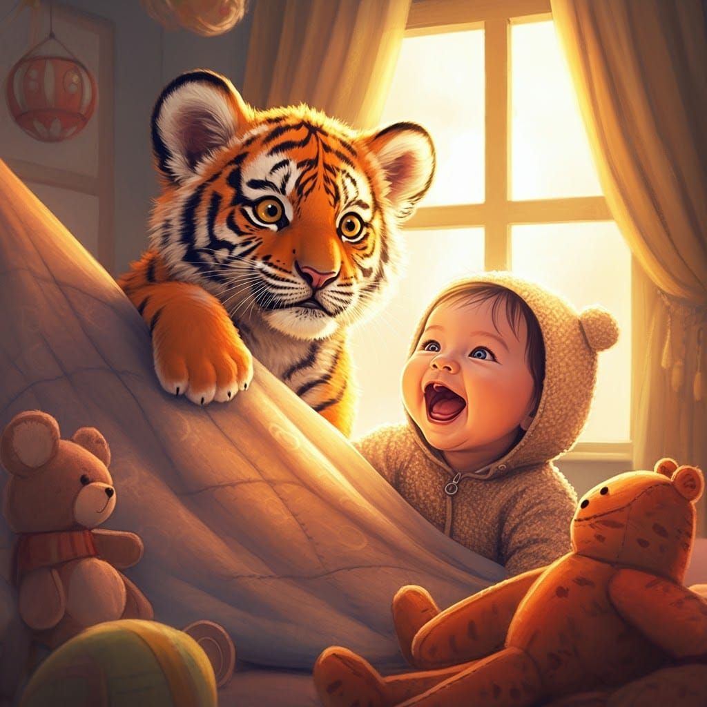 Tiger Cub Surprises Baby in Whimsical Art Style