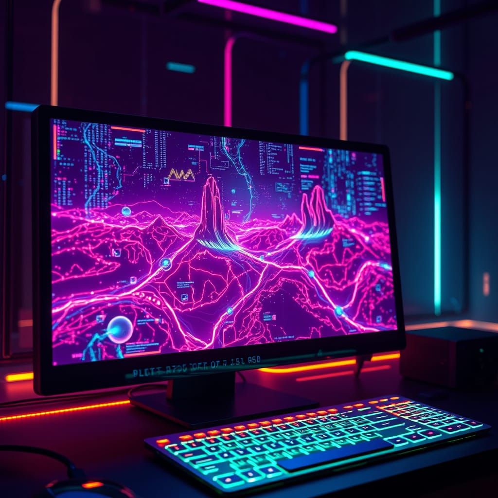 Glowing Cyberpunk Computer Screen in Futuristic Style