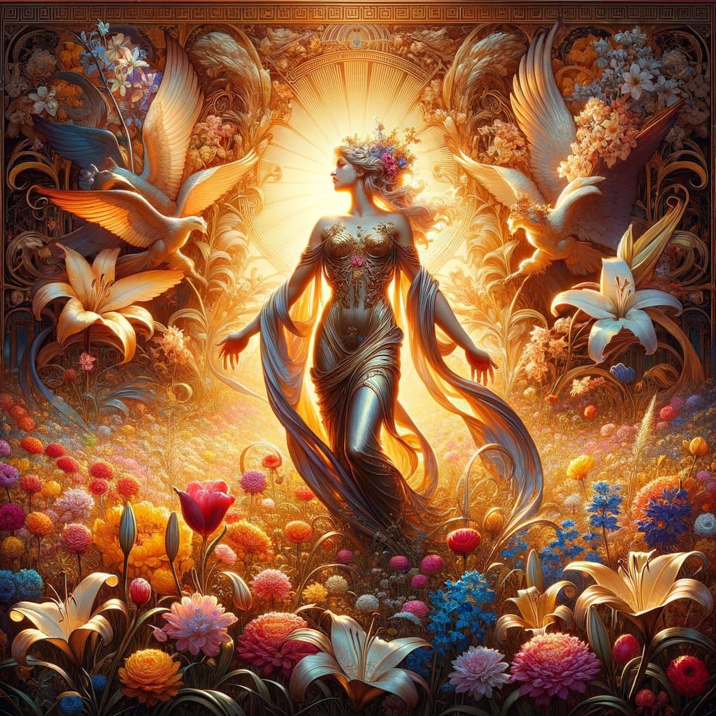 Golden Goddess Amidst Vibrant Wildflowers in Art Nouveau Sty...