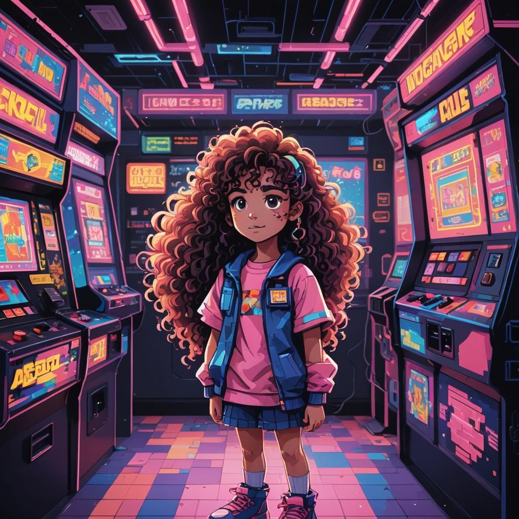 Girl at Arcade Machine in Retro Pixel Art