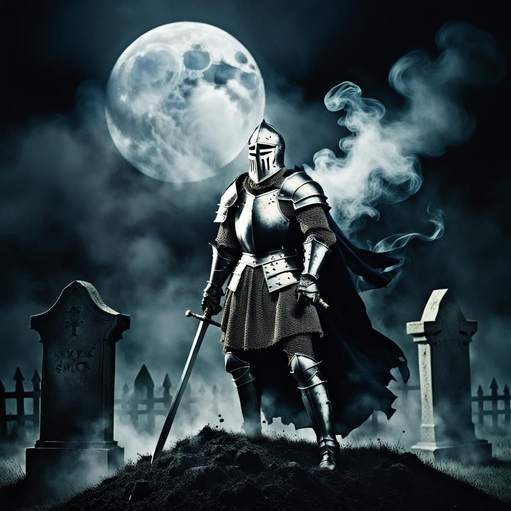 Medieval Knight Rising from Grave in Moonlight