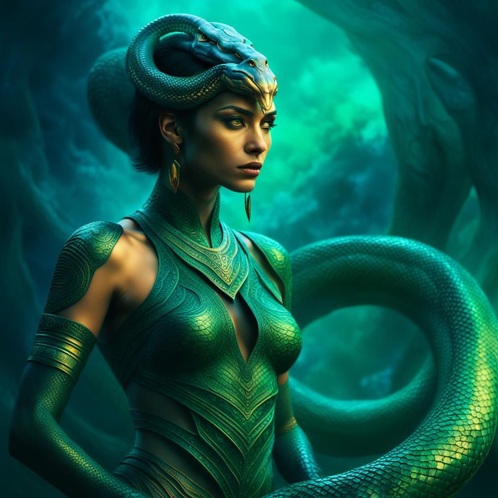 Cobra Woman in Emerald and Sapphire Hues