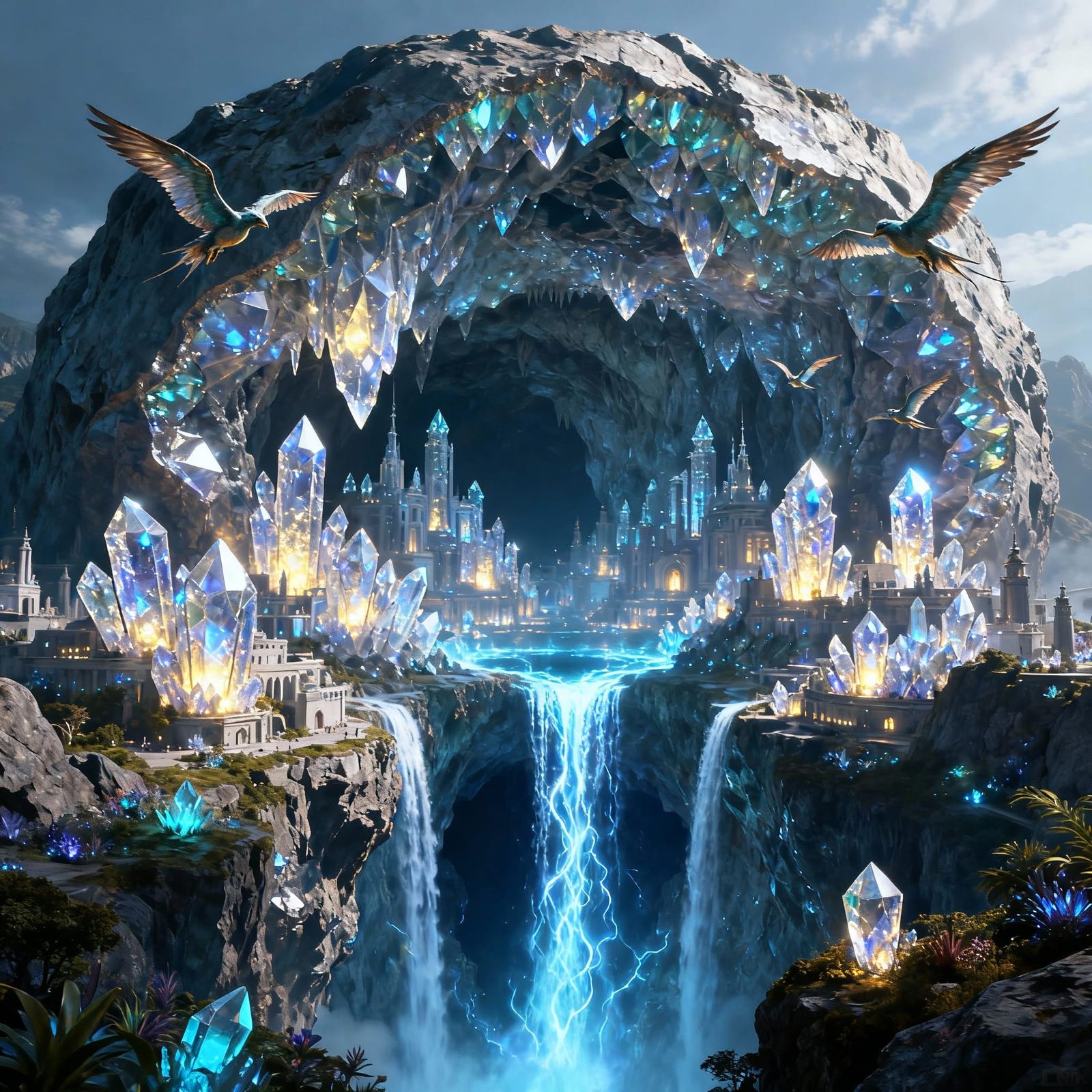 Hidden Geode City With Winged Creatures And Energy Waterfall...