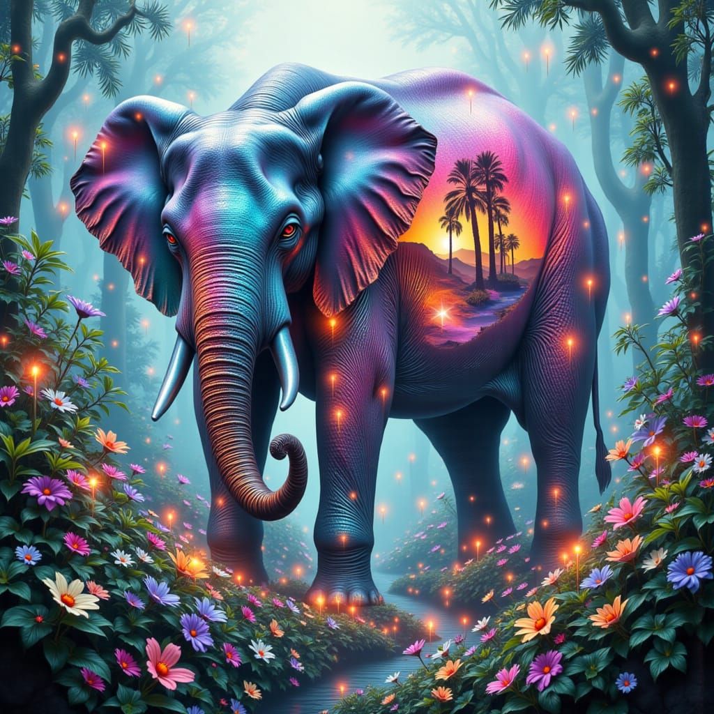 Surreal Iridescent Elephant in Double Exposure