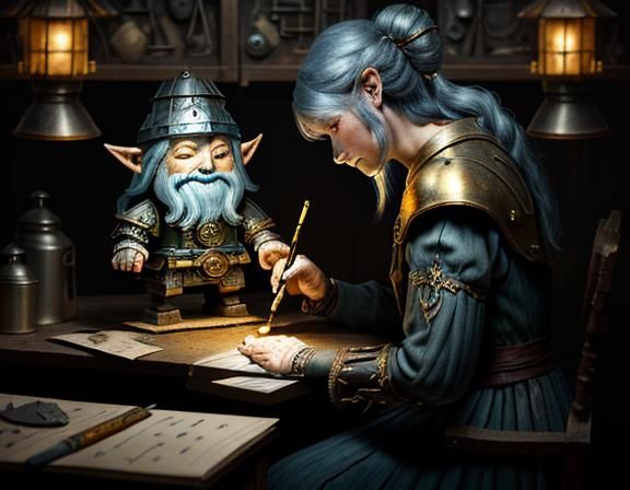 Gnome Repairs Automaton in Dark Fantasy Workshop