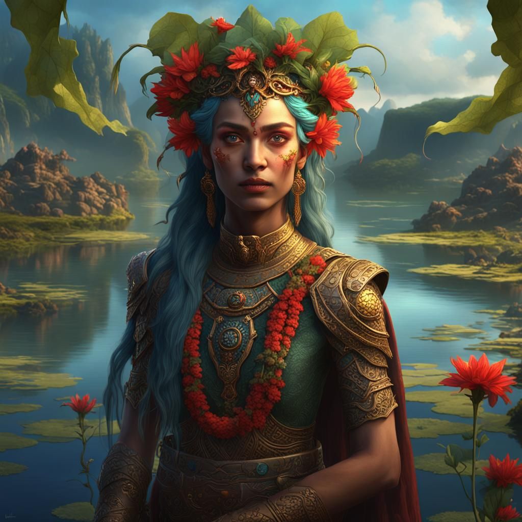 Woman with Wildflowers Watched by Naga King