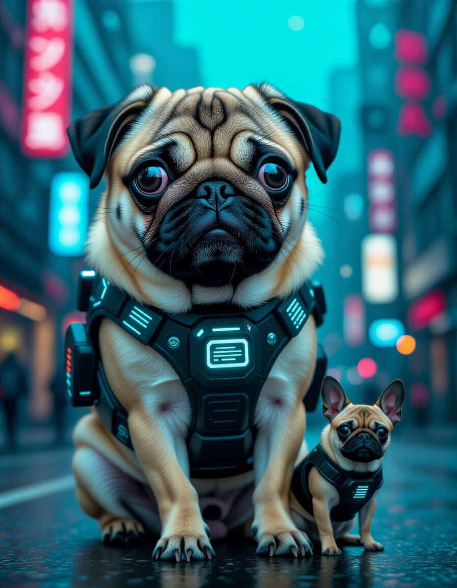 Cyberpunk Pug and Humanoid Figure
