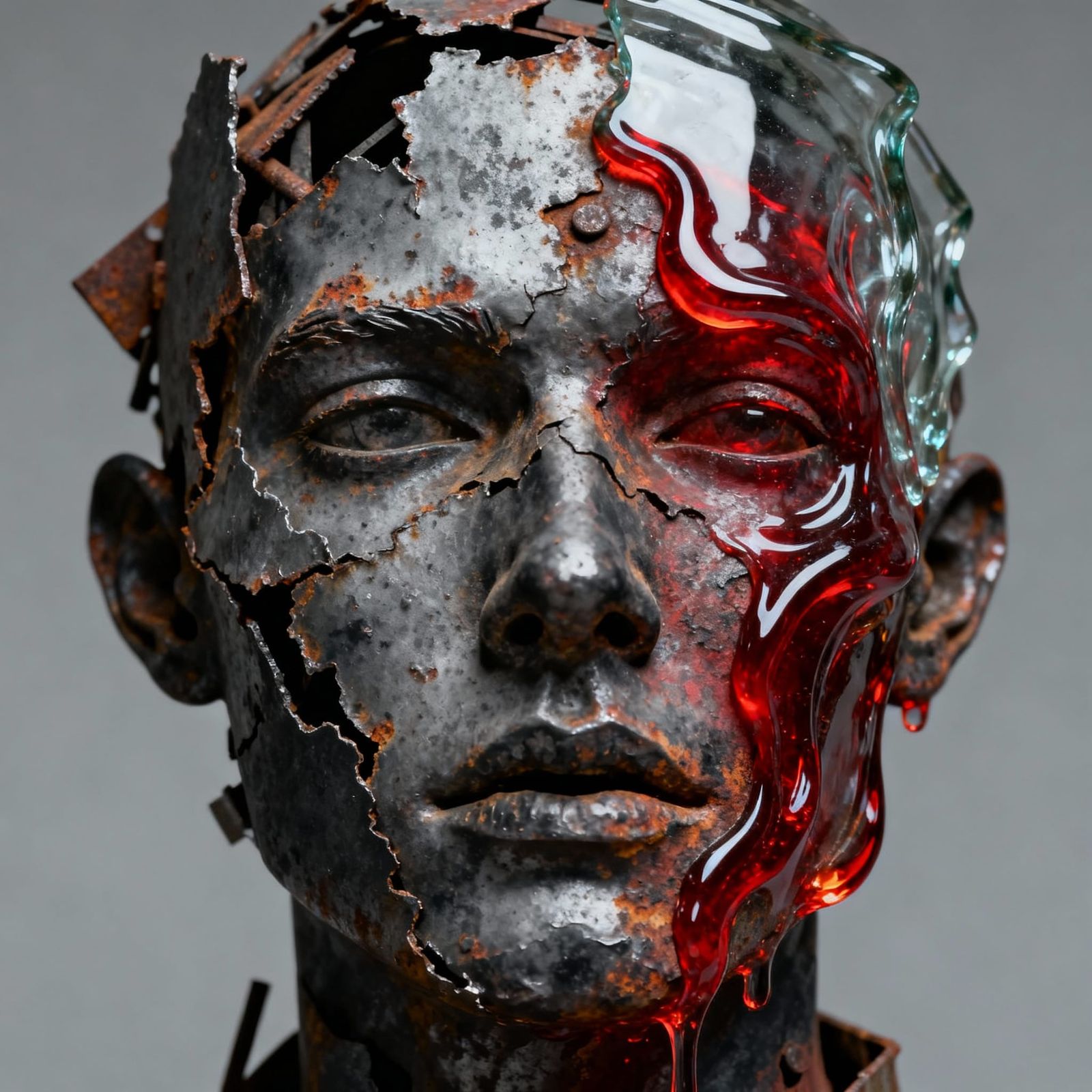 Distressed Face Sculpture of Rusted Metal and Molten Glass