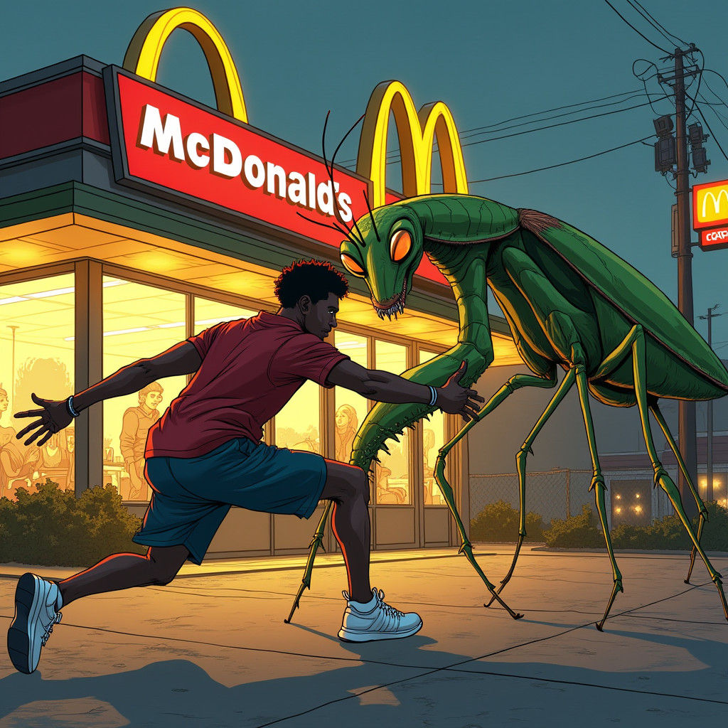 Man Versus Giant Praying Mantis in Anime Style