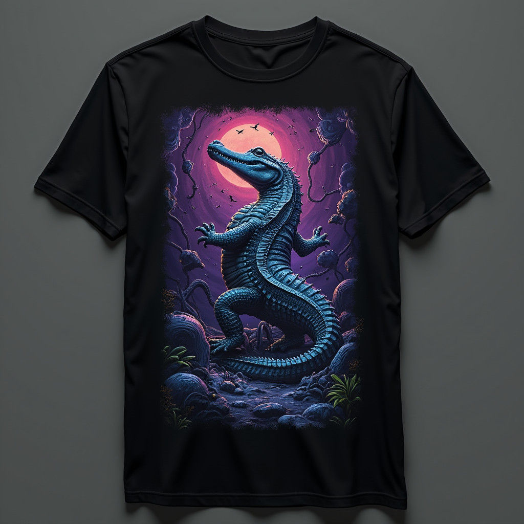 Alligator Emerges from Machinery Vortex on T-Shirt