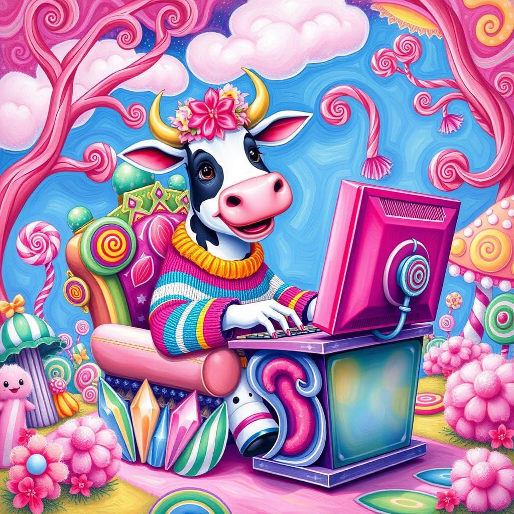 Whimsical Cow Plays on Colorful Candyland Computer