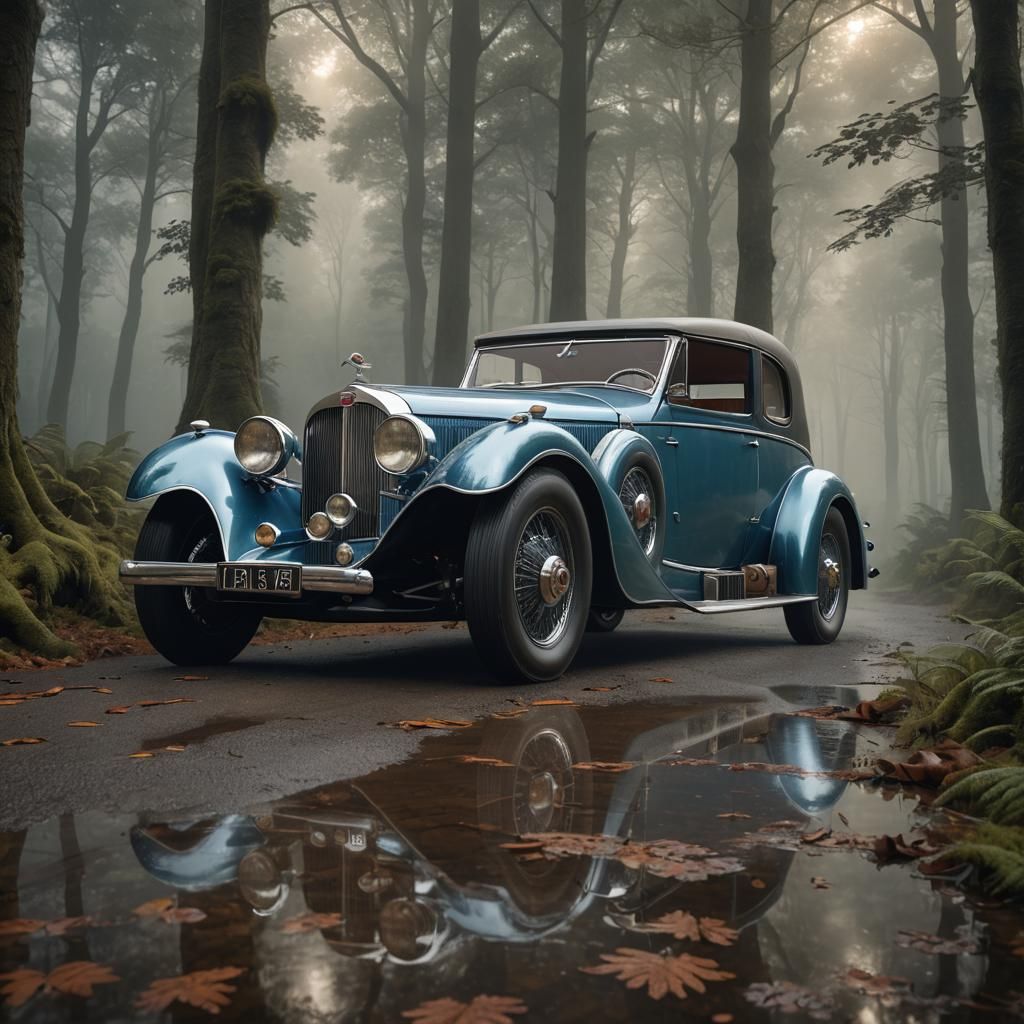 Antique Narval Car in Mystical Forest - Hyperrealistic Art
