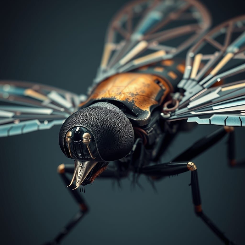 Cyberpunk Mechanized Housefly Close-up Portrait