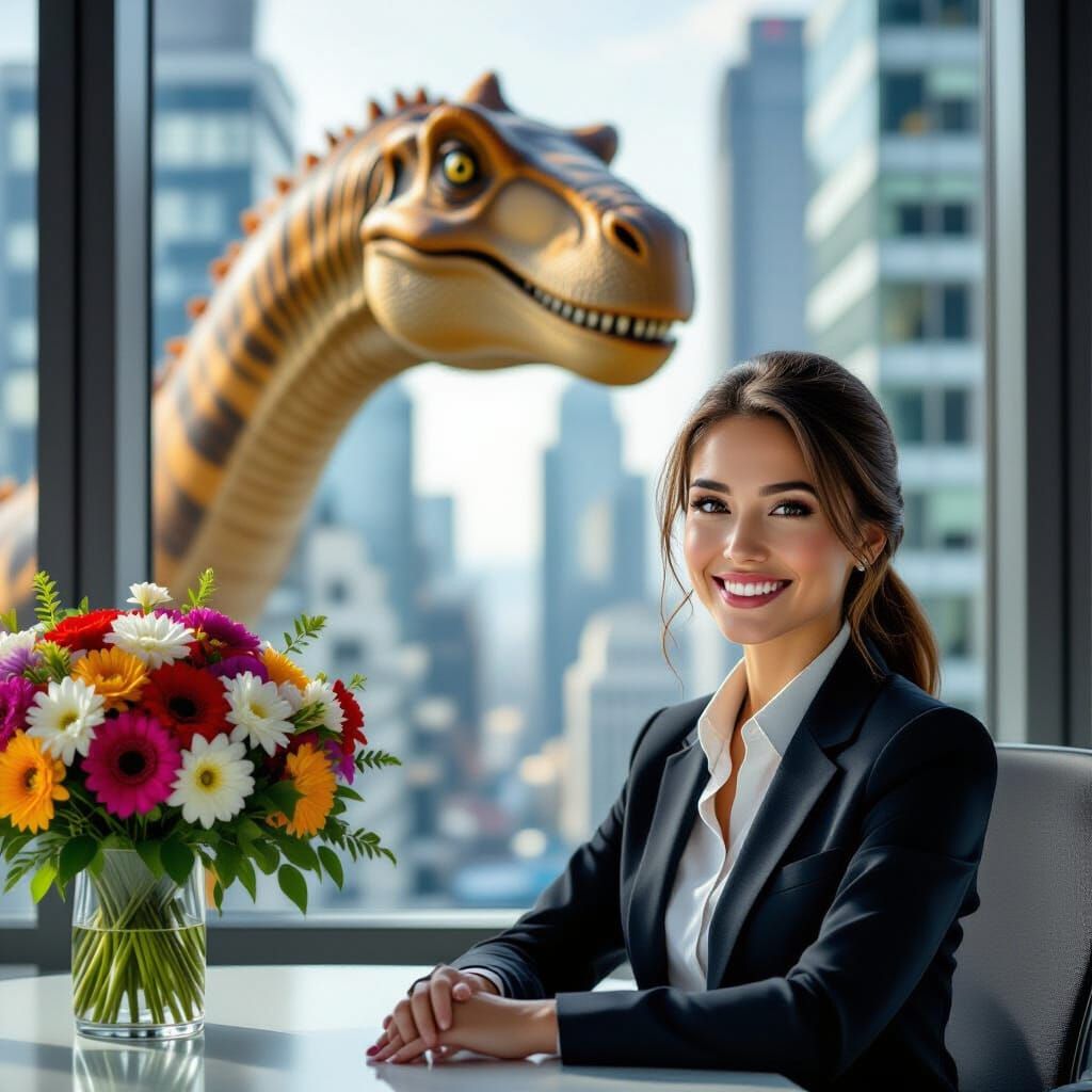 Secretary and Diplodocus in Hyper-Realistic Photo