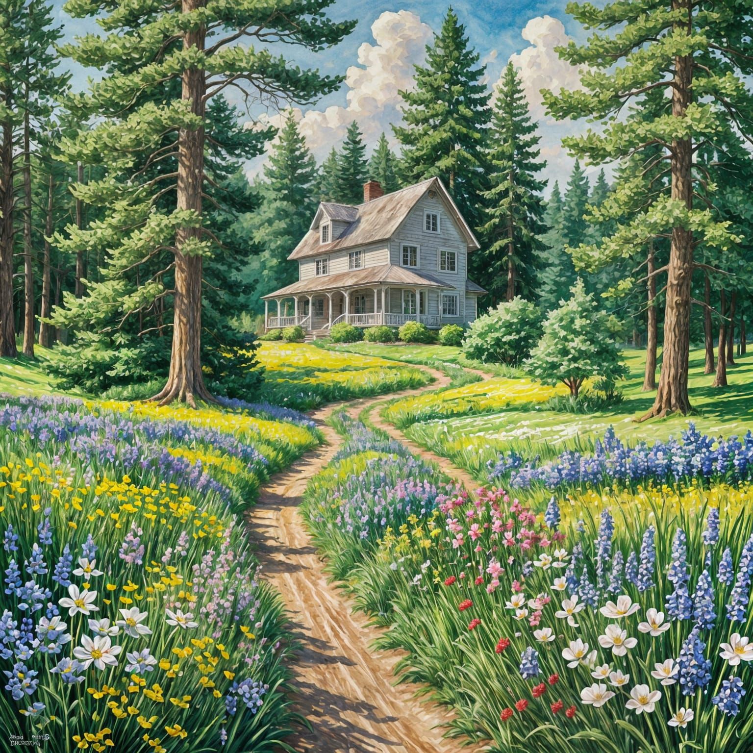 Farmhouse in Sunny Flower Field, Gouache Style