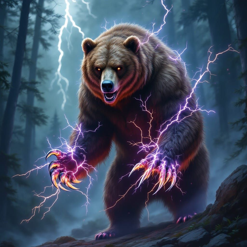 Electric Brown Bear in Majestic Stormy Forest