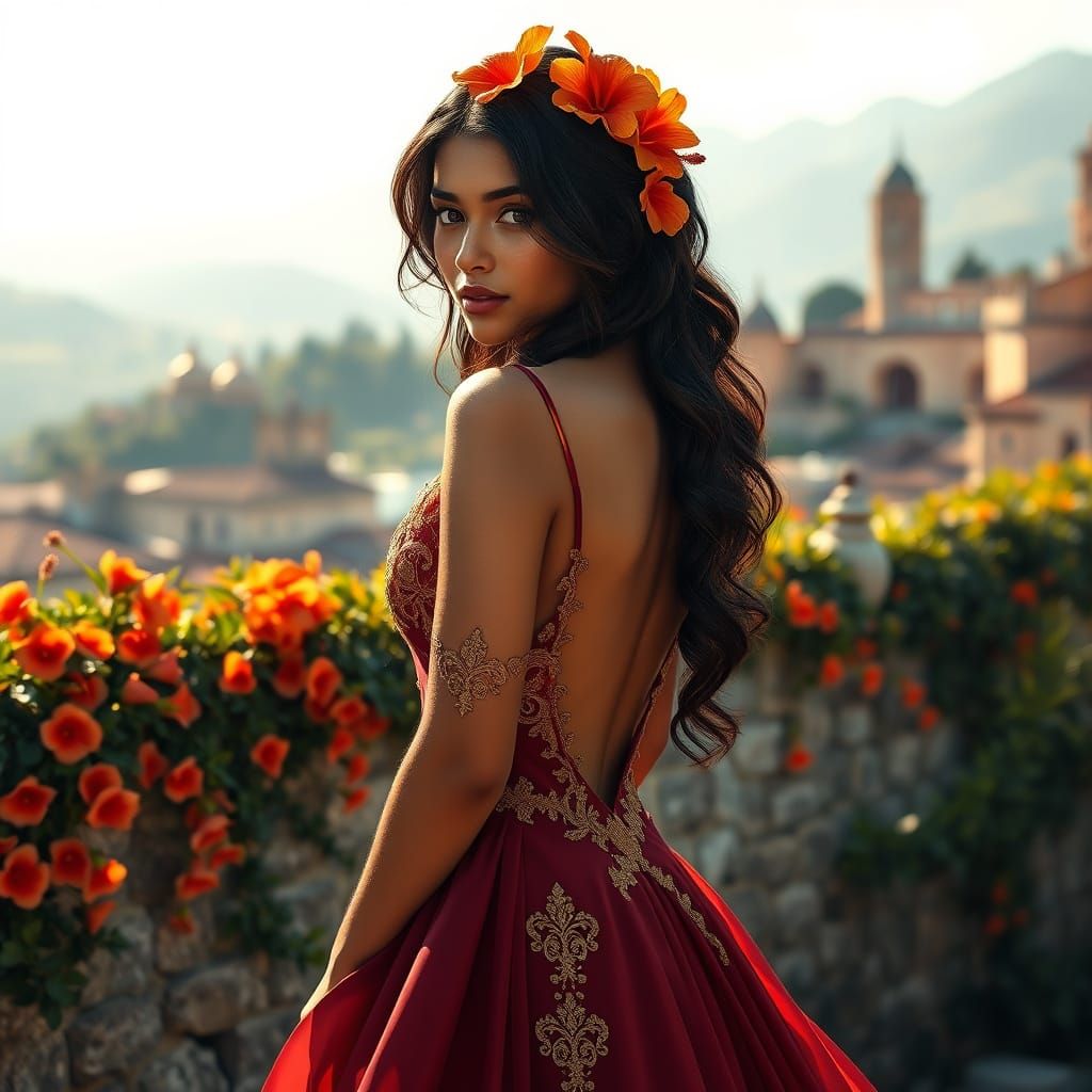 Panamanian Beauty in Hibiscus Gown, Photo-Realistic Art
