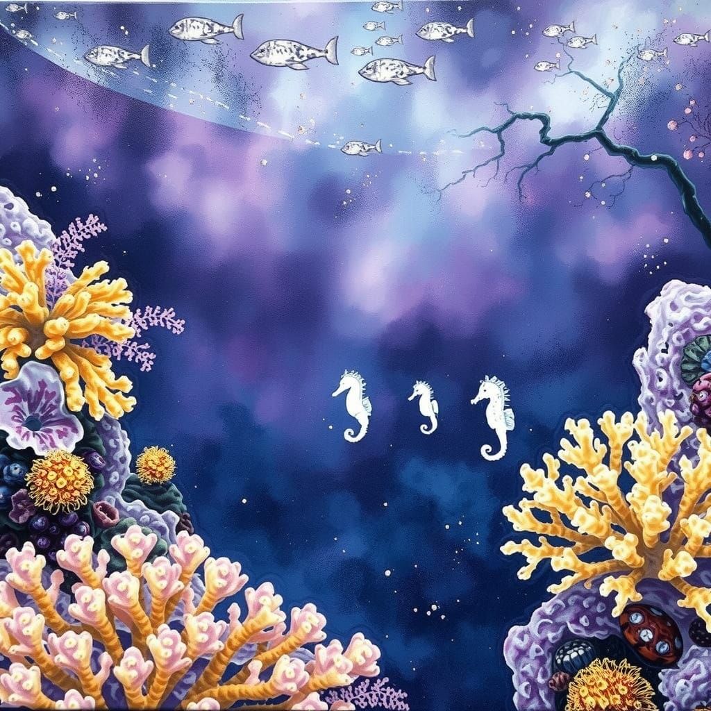Vibrant Coral Reef with Majestic Seahorses in Pastel Hues