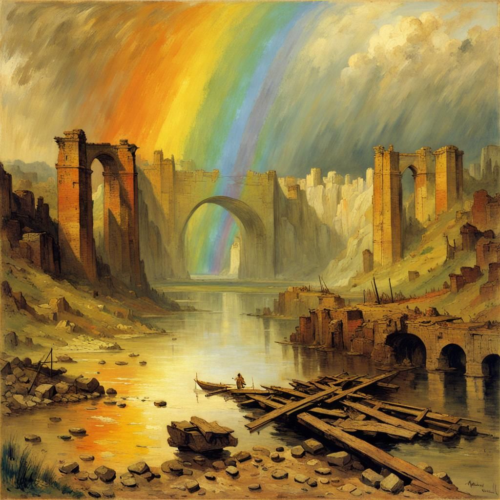 Romantic Ruins at Sunset in a Rustic River Landscape