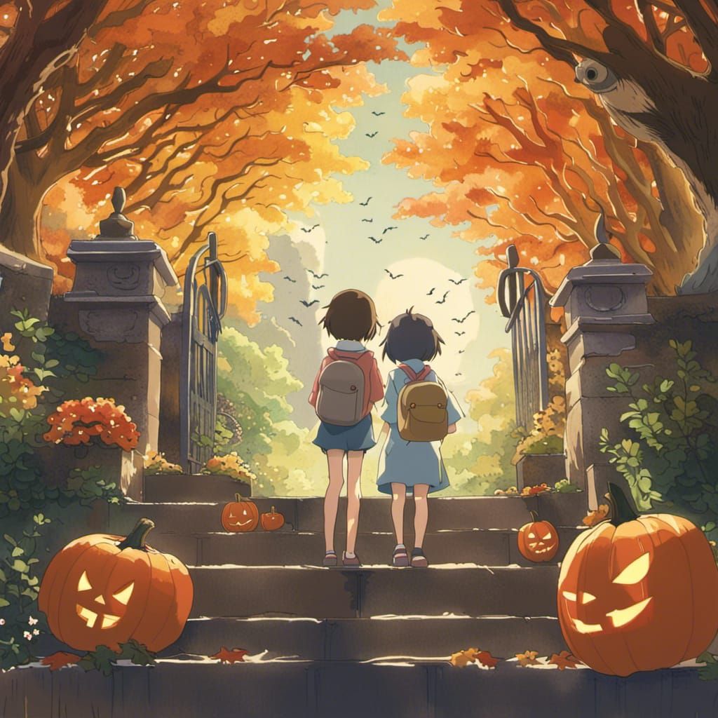Cute Halloween Scene in Studio Ghibli Style