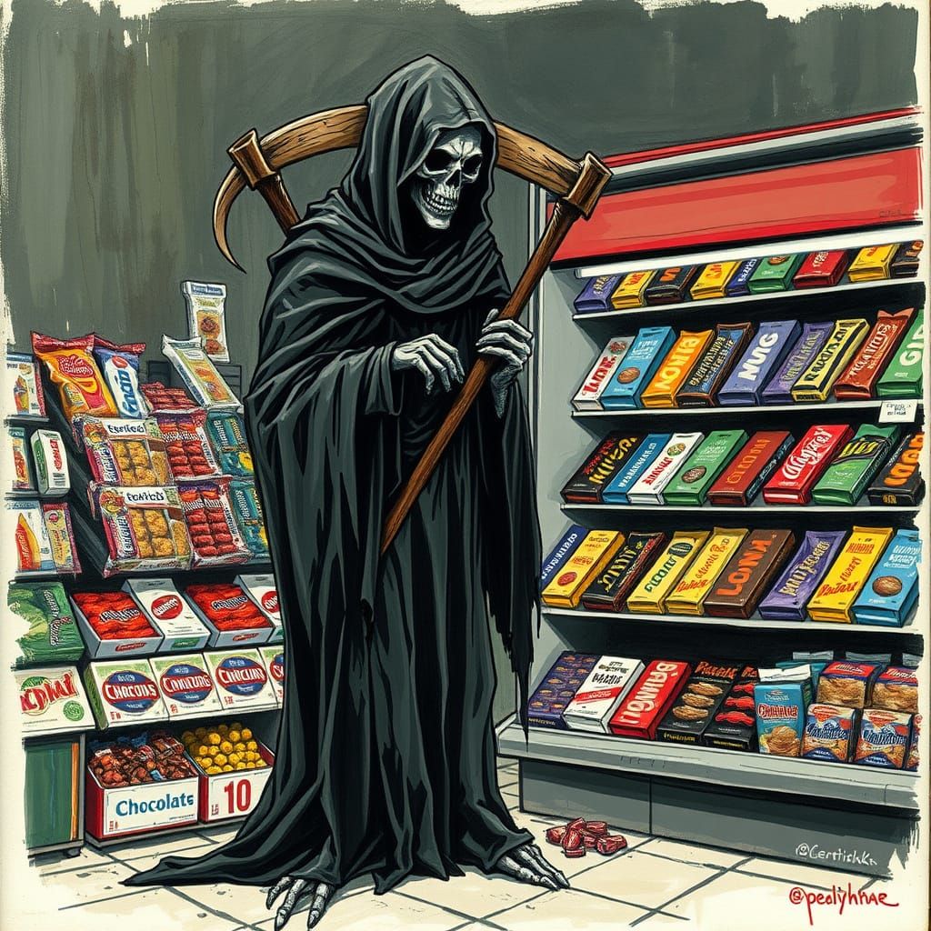 Grim Reaper at Candy Store: An Expressive Digital Painting