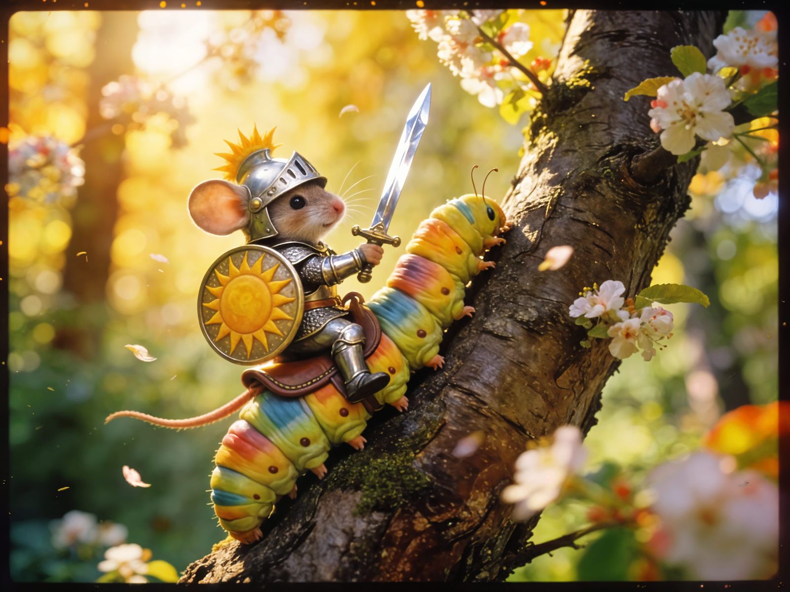Knight Mouse Rides Caterpillar in Sunny Forest